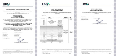 EU Ccertificate of quality system approval (approval of castings parts as Per PED 2014-68 EU)